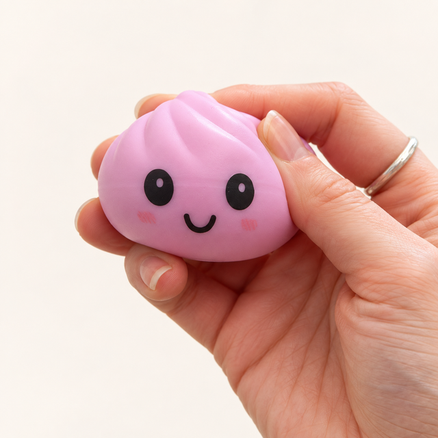 Pink Kawaii dumpling squishy fidget toy being gently squeezed