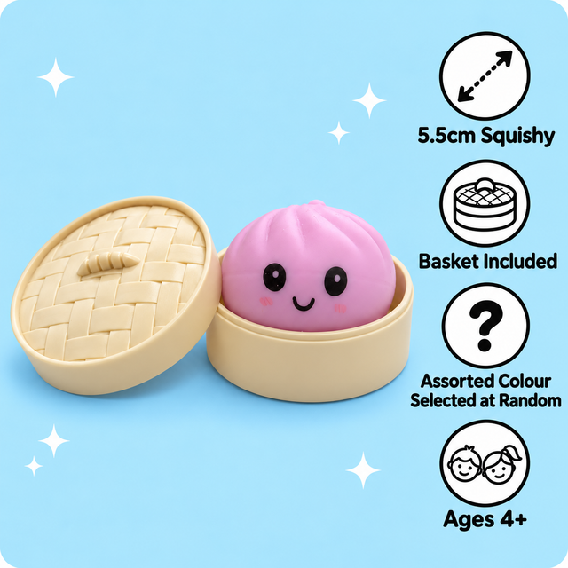 Kawaii dumpling squishy toy features including basket, assorted colour and ages 4+