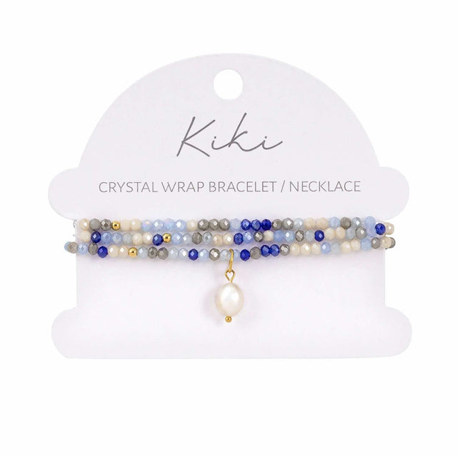 Kiki Azure Drift crystal jewellery wrap bracelet and necklace with pearl and crystal beads.