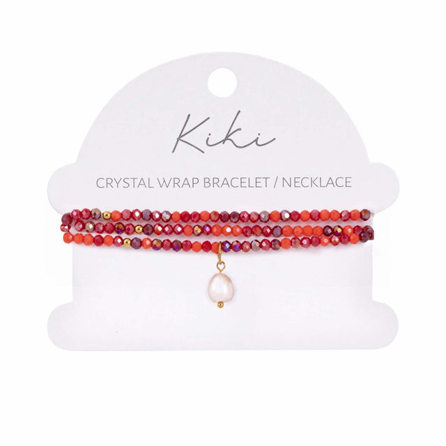 Kiki Crimson Flame crystal jewellery wrap bracelet and necklace with pearl and crystal beads.
