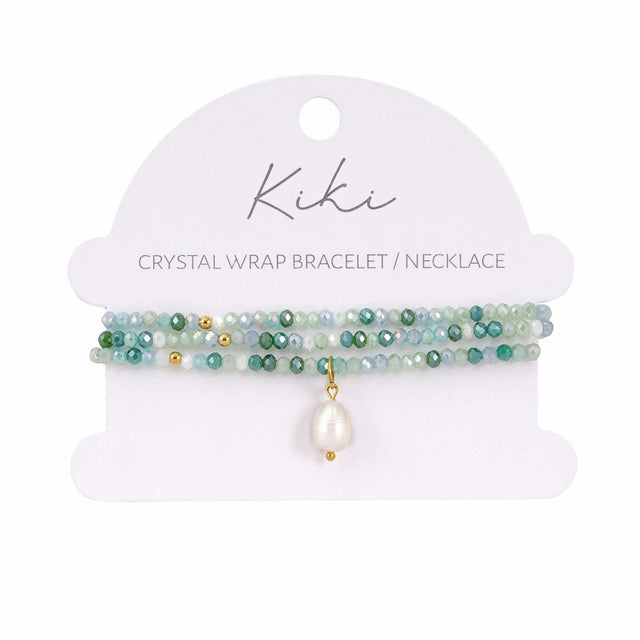 Kiki Emerald Song crystal jewellery wrap bracelet and necklace with pearl and crystal beads.