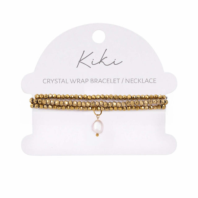 Kiki Golden Mirage crystal jewellery wrap bracelet and necklace with pearl and crystal beads.