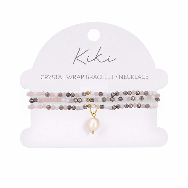 Kiki Pink Aurora crystal jewellery wrap bracelet and necklace with pearl and crystal beads.