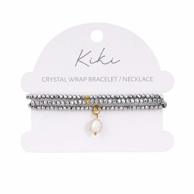 Kiki Silver Mist crystal jewellery wrap bracelet and necklace with pearl and crystal beads.