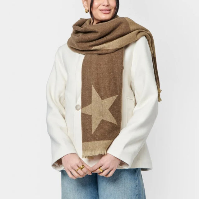 Katie Loxton Star Printed Blanket Scarf - Chocolate & Soft Tan