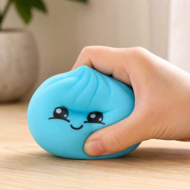 Scrunchems large bao bun squishy fidget toy being squeezed in hand for stress relief, anxiety reduction and sensory play