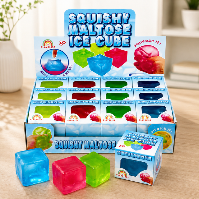 Large Ice Cube Squishy Fidget Toy in assorted translucent colours for stress relief, sensory play and improved focus