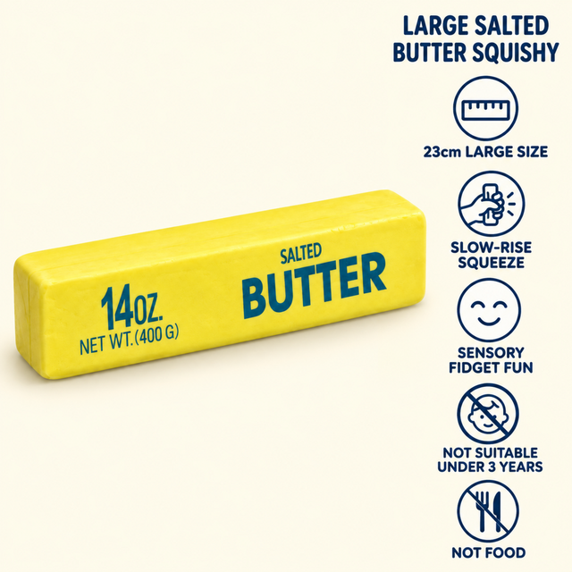 Large salted butter squishy toy 23cm features and safety information