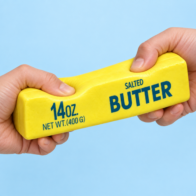 Large 23cm salted butter slow-rise squishy toy being squeezed
