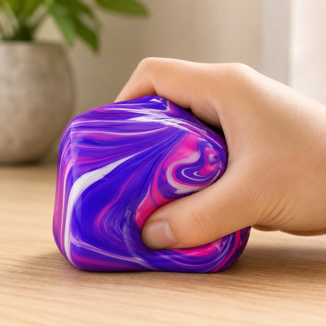 Large Swirl Cube Squishy Fidget Toy being squeezed in hand for stress relief, anxiety reduction and sensory play