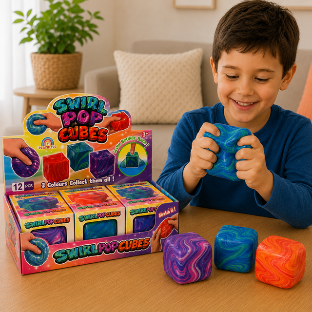 Large Swirl Cube Squishy Fidget Toy in assorted marble swirl colours for stress relief, sensory play and improved focus