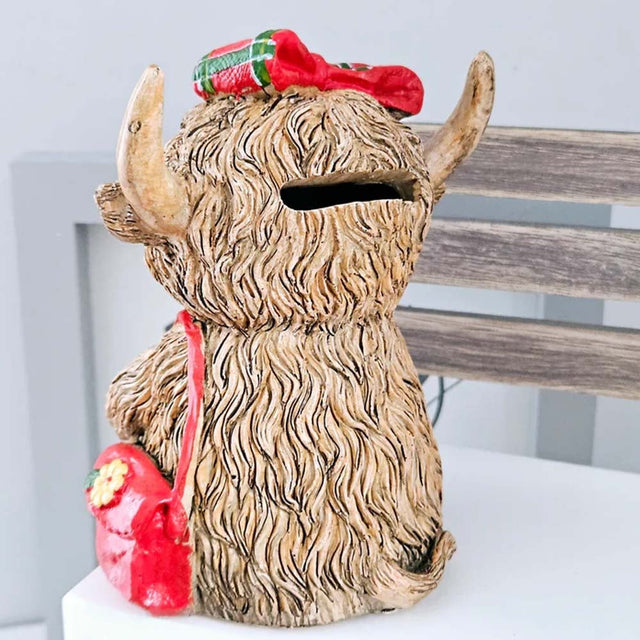 Lesser & Pavey - Highland Cow Money Bank Tartan Bow