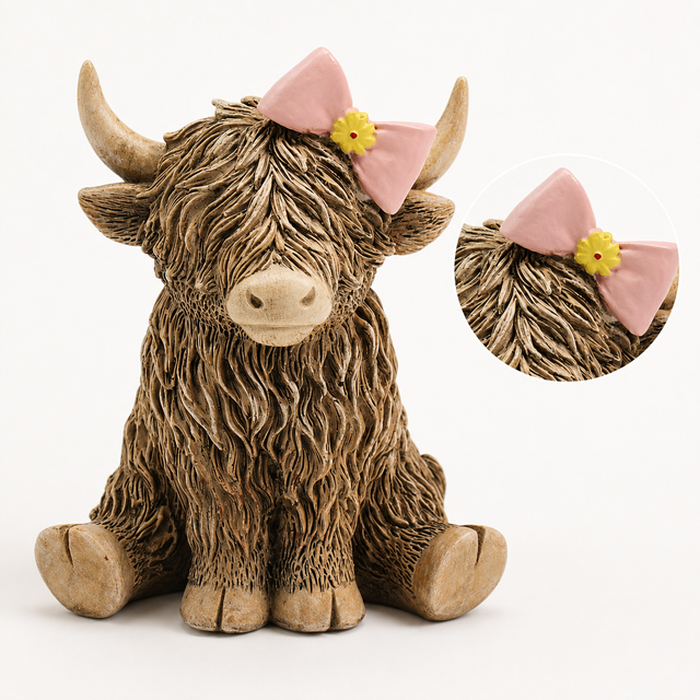 Detailed view of Lesser and Pavey pink bow Highland cow figurine