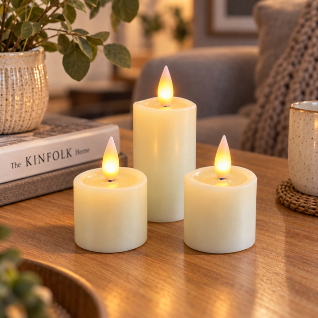 Cello Living Flame mixed votive LED candles in a warm home setting