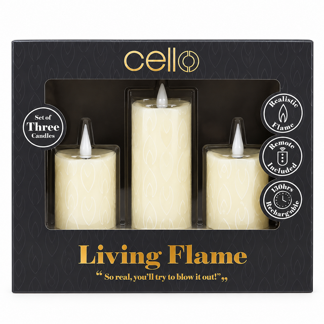 Cello Living Flame LED Candle Set of 3 Mixed Votives retail packaging