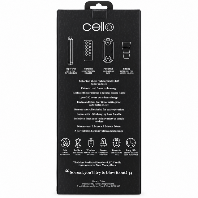 Cello Living Flame LED taper candle set packaging back with product features