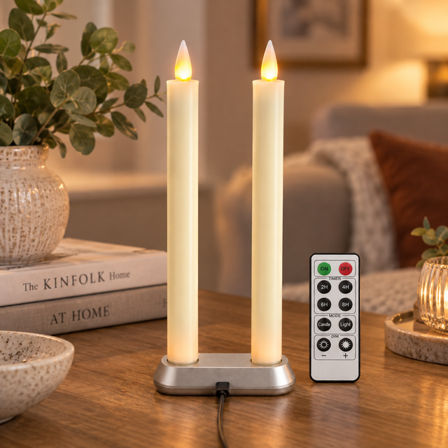Cello Living Flame LED taper candles styled in a warm home interior with remote