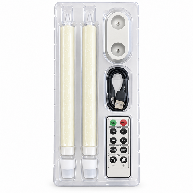 Cello Living Flame LED taper candle set contents including charging base cable remote and fitting cups