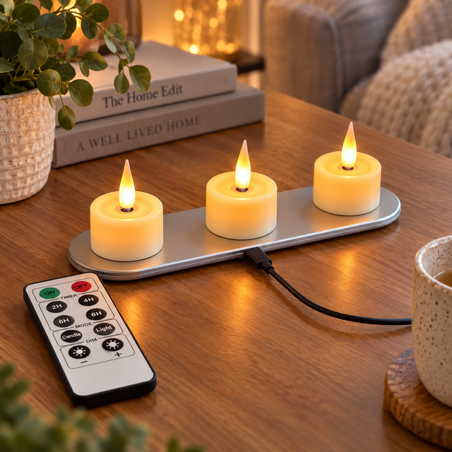 Cello Living Flame rechargeable LED tealights on charging base