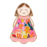 Close up of Lucky Little Ladies Daughter enamel pin badge keepsake gift with colourful floral design.