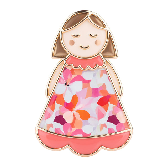 Close up of Lucky Little Ladies Friend enamel pin badge keepsake gift with colourful dress design.