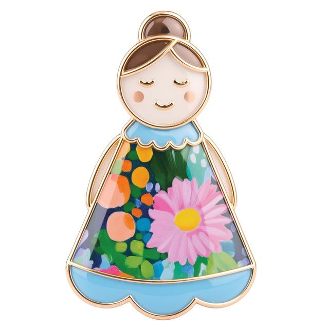 Close up of Lucky Little Ladies Mum enamel pin badge gift with floral dress design and rose gold detail.