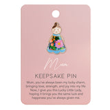 Lucky Little Ladies Mum enamel pin badge gift with floral dress design and rose gold detail.