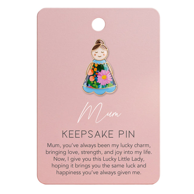 Lucky Little Ladies Mum enamel pin badge gift with floral dress design and rose gold detail.
