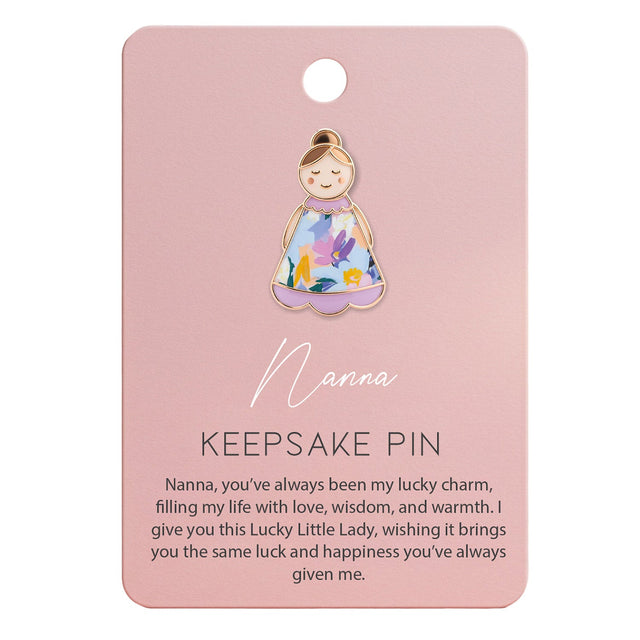 Lucky Little Ladies Nanna enamel pin badge keepsake gift with floral dress design and rose gold finish.