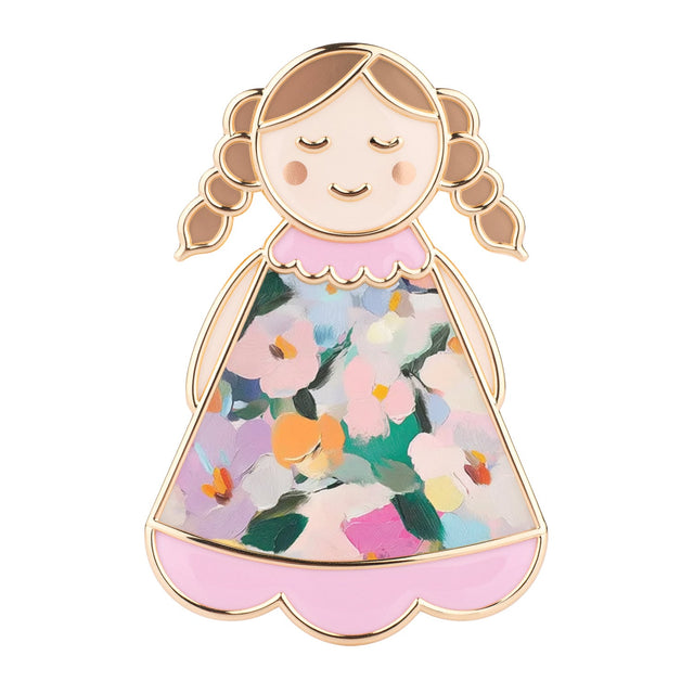 Close up of Lucky Little Ladies Sisters enamel pin badge keepsake gift with floral enamel design.