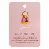 Lucky Little Ladies Special enamel pin badge keepsake gift with colourful floral design.