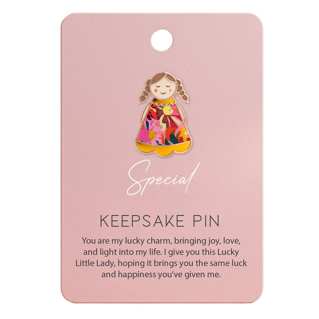 Lucky Little Ladies Special enamel pin badge keepsake gift with colourful floral design.