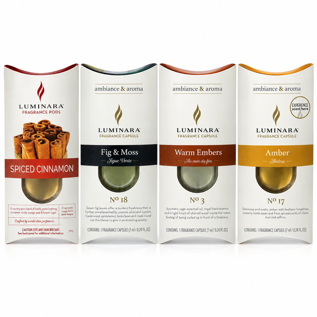 Four Luminara autumn fragrance pods: Spiced Cinnamon, Fig & Moss, Warm Embers and Amber