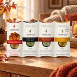 Luminara autumn fragrance pods Spiced Cinnamon, Fig & Moss, Warm Embers and Amber in a cosy home setting