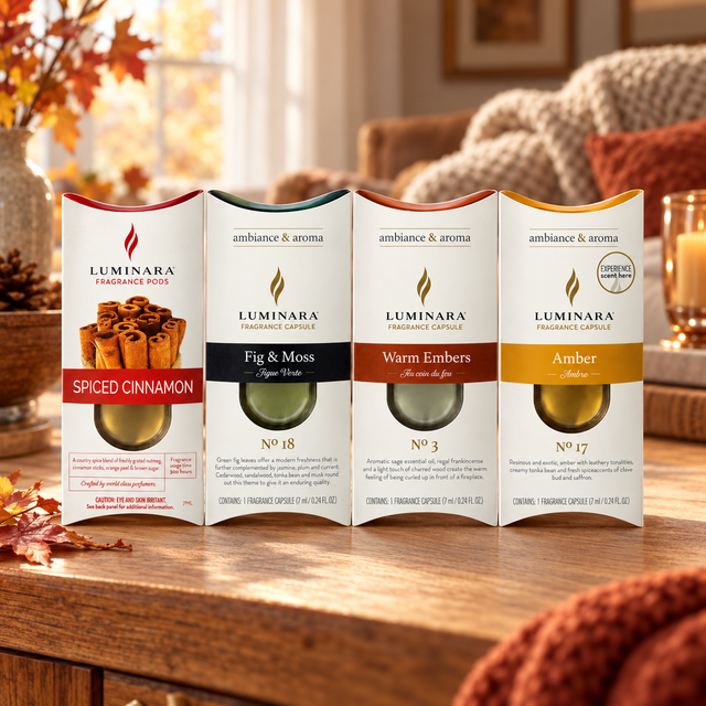 Luminara autumn fragrance pods Spiced Cinnamon, Fig & Moss, Warm Embers and Amber in a cosy home setting