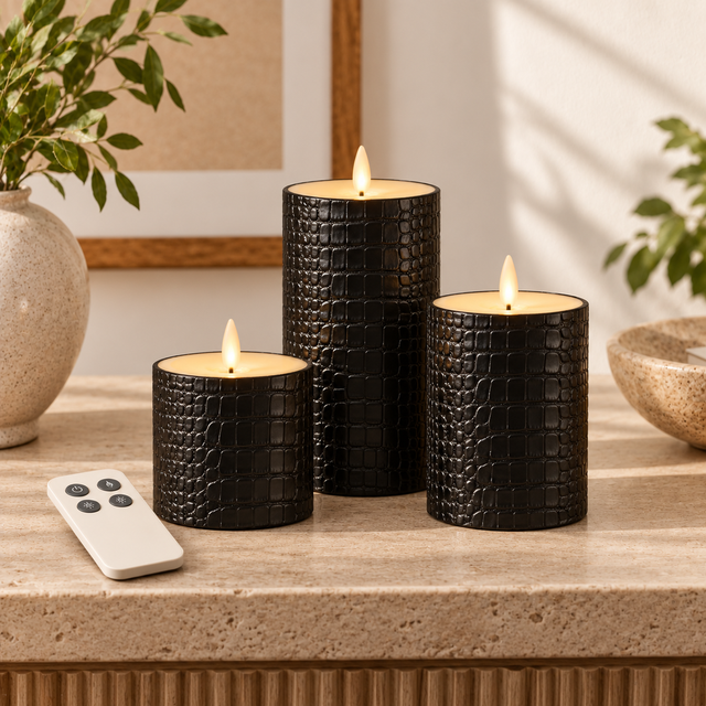 Illustrative lifestyle image of black crocodile-effect candle trio with included remote