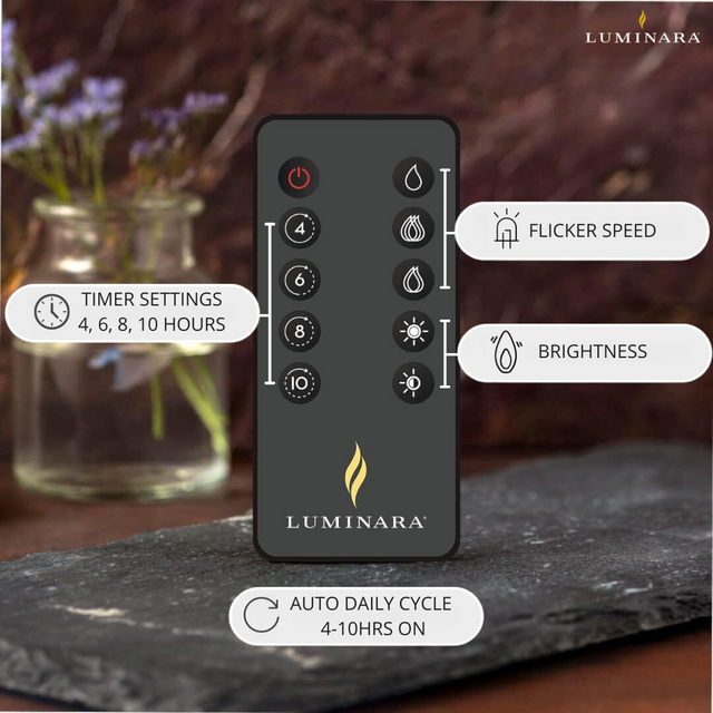 Luminara candle remote with timer, brightness and flicker controls