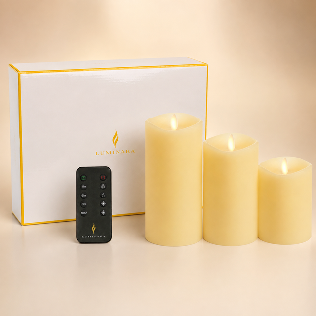 Luminara flameless candle gift set with three ivory pillars and remote control