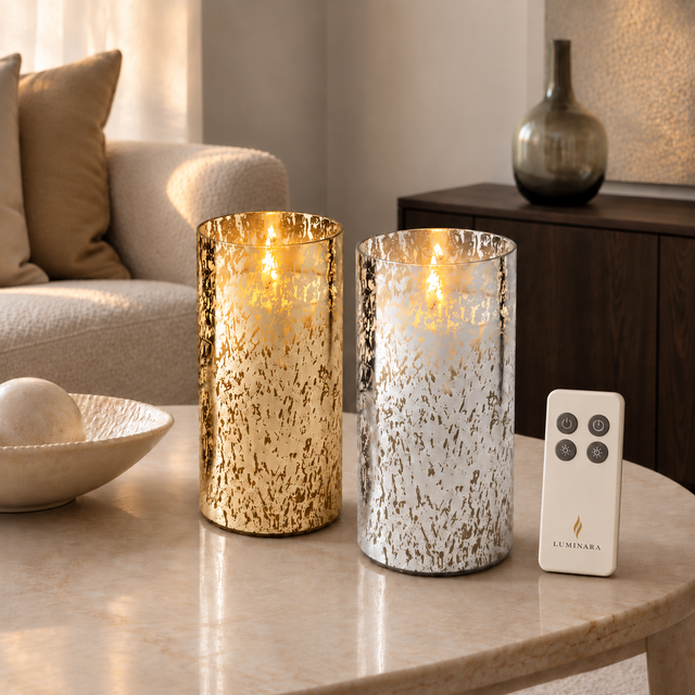 Illustrative lifestyle image of gold and silver mercury candle duo with included remote