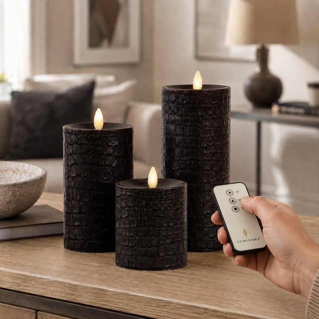 Luminara Indoor Black Crocodile Embossed Candle Trio – product view 1