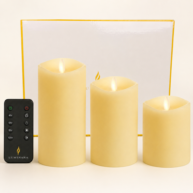 Luminara ivory flameless LED pillar candles with remote, set of three