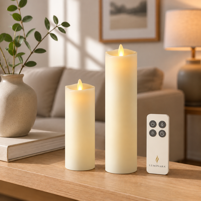 Luminara ivory slim flameless candle duo shown with the included remote