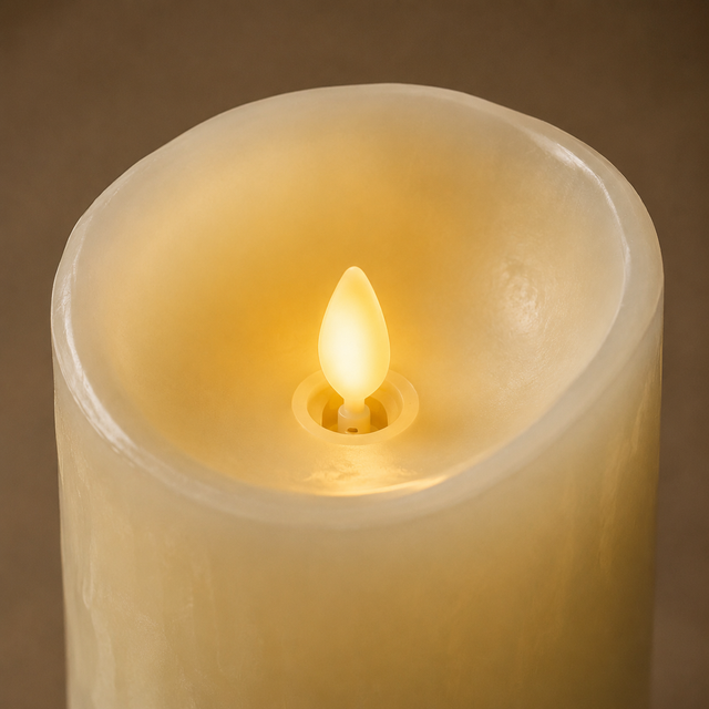 Close-up of a Luminara ivory candle with realistic Moving Flame LED