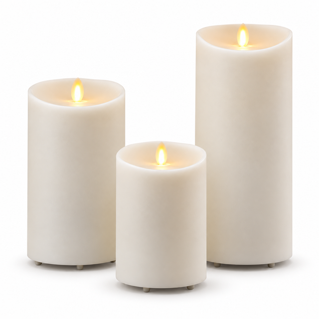 Luminara outdoor ivory candle trio, three flameless pillars in different sizes