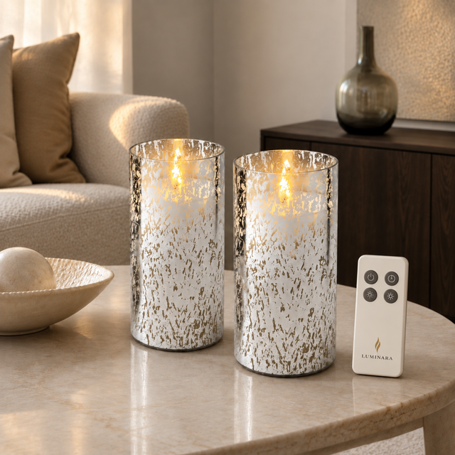 Luminara silver mercury glass flameless candle duo shown with the included remote