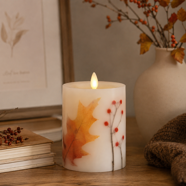 Luminara 3.25 x 4.5 inch Twig, Berry & Leaf flameless candle glowing on a side table
