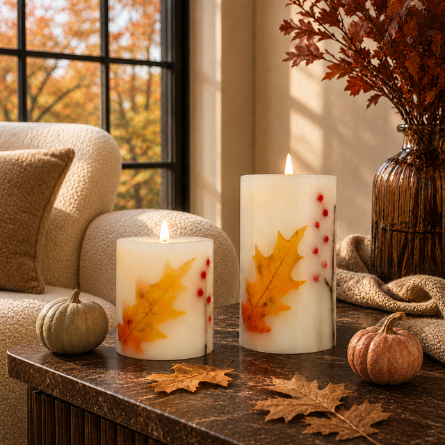 Luminara Indoor Twig, Berry & Leaf Candle Duo in an autumn home setting