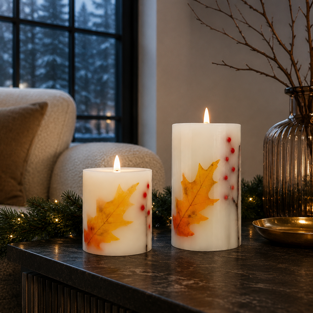 Luminara Indoor Twig, Berry & Leaf Candle Duo glowing in a cosy home setting