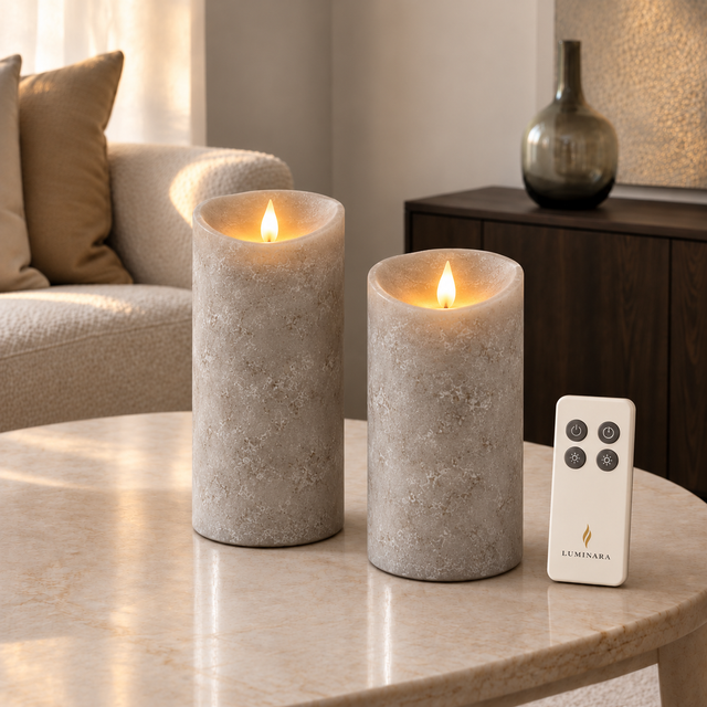 Illustrative lifestyle image of vintage grey candle duo with included remote