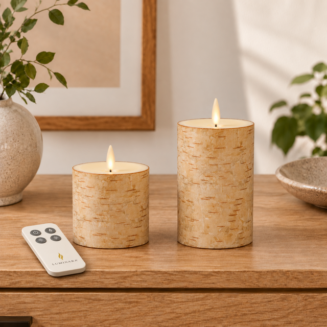 Luminara wooden birch flameless candle duo shown with the included remote